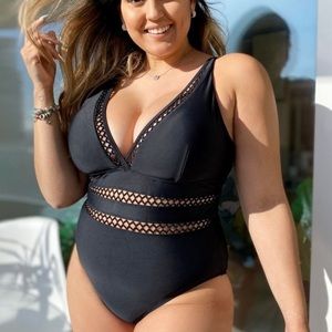Meet Curve Black Lattice Plunge V-neck One Piece Swimsuit